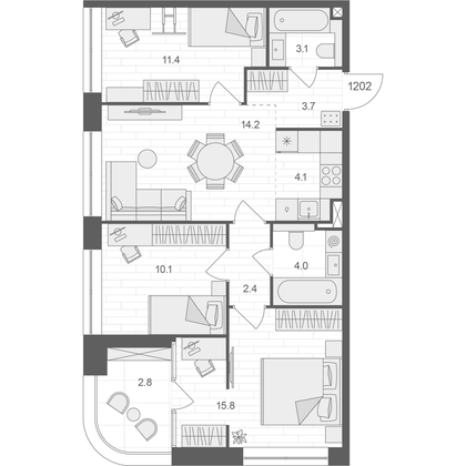 70,2 м², 3-комн. квартира, 12/12 этаж