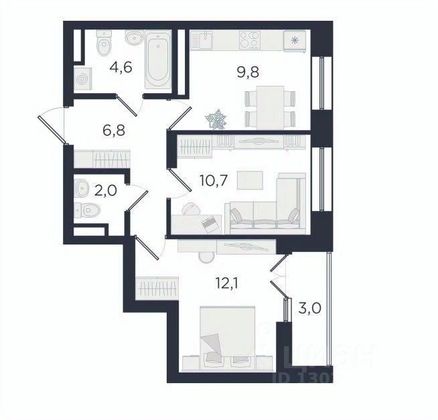 Продажа 2-комнатной квартиры 45,3 м², 6/6 этаж