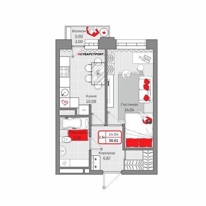 36,6 м², 1-комн. квартира, 2/19 этаж