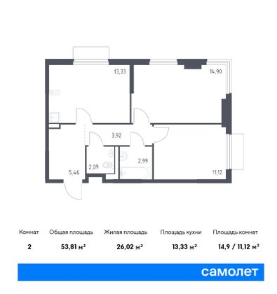 53,8 м², 2-комн. квартира, 15/17 этаж