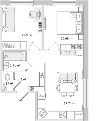 49,9 м², 2-комн. квартира, 2/15 этаж