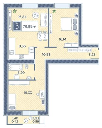 76,9 м², 3-комн. квартира, 8/8 этаж