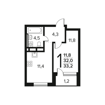 33,2 м², 1-комн. квартира, 10/11 этаж