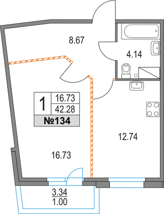 42,3 м², 1-комн. квартира, 7/16 этаж