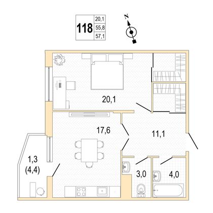 Продажа 1-комнатной квартиры 57,3 м², 6/8 этаж