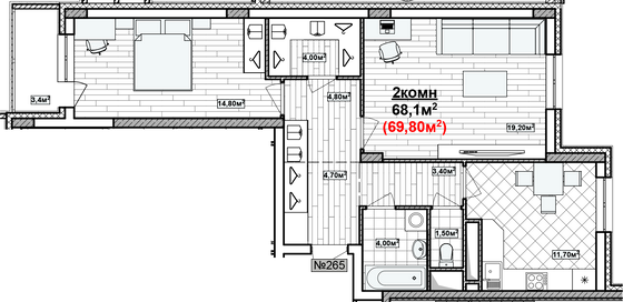 Продажа 2-комнатной квартиры 69,8 м², 2/19 этаж