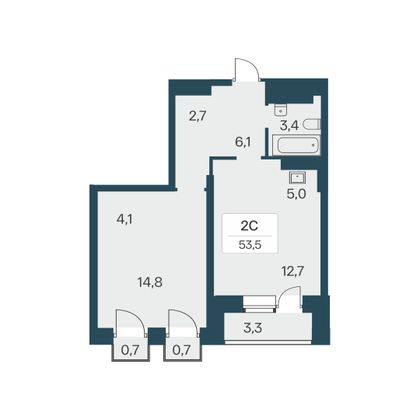 53,5 м², 2-комн. квартира, 7/30 этаж