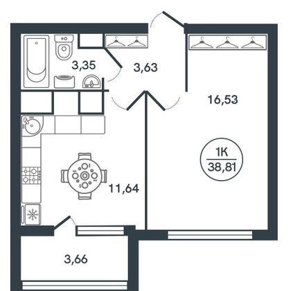 Продажа 1-комнатной квартиры 38,8 м², 3/16 этаж