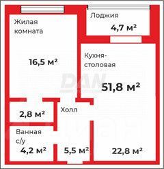 Продажа 1-комнатной квартиры 51,8 м², 10/22 этаж