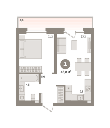 45,8 м², 1-комн. квартира, 8/9 этаж