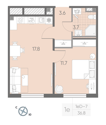 Продажа 1-комнатной квартиры 36,8 м², 2/4 этаж