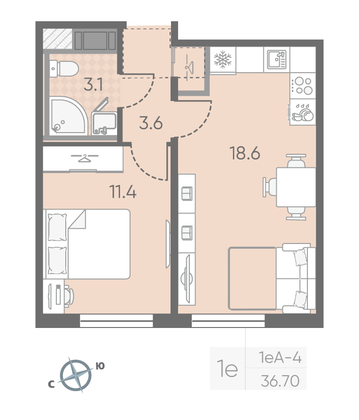 Продажа 1-комнатной квартиры 36,7 м², 20/25 этаж