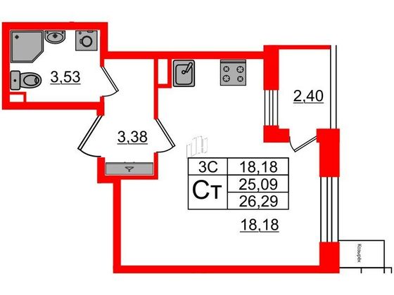 Продажа квартиры-студии 25,1 м², 1/5 этаж