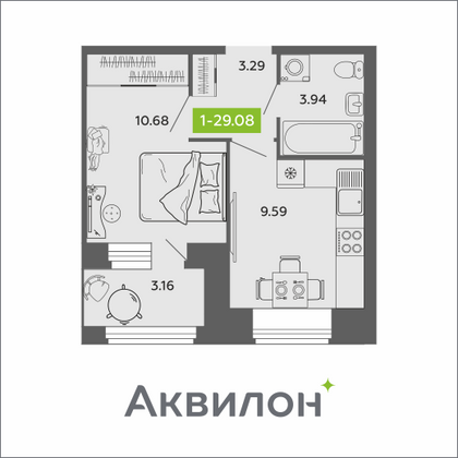 29,1 м², 1-комн. квартира, 2/11 этаж