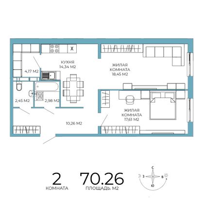 70,3 м², 2-комн. квартира, 5/18 этаж