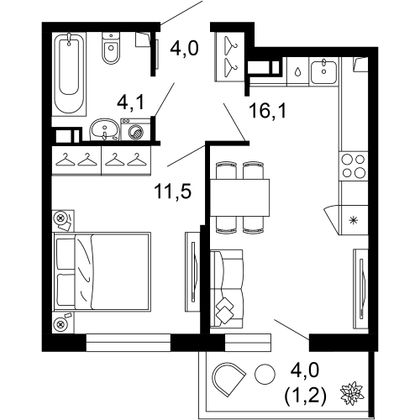 36,9 м², 1-комн. квартира, 2/12 этаж