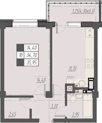 36 м², 1-комн. квартира, 3/8 этаж