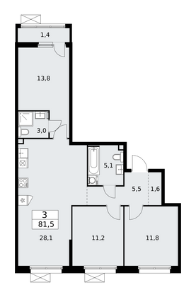 81,5 м², своб. планировка, 2/17 этаж