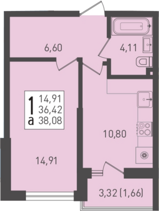 38,1 м², 1-комн. квартира, 2/22 этаж