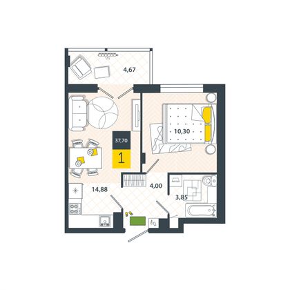Продажа 1-комнатной квартиры 37,7 м², 6/8 этаж