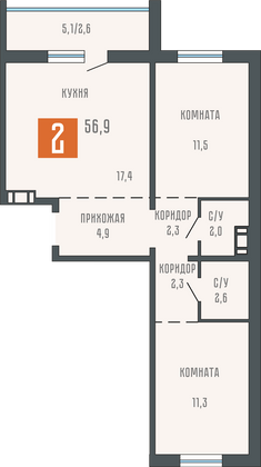 56,9 м², 2-комн. квартира, 2/10 этаж