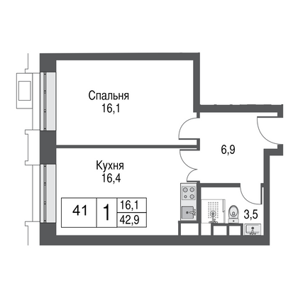 Продажа 1-комнатной квартиры 42,9 м², 3/53 этаж