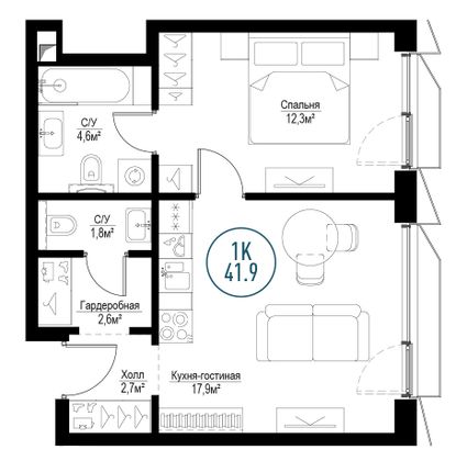 Продажа 1-комнатной квартиры 41,9 м², 30/30 этаж