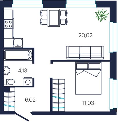 41,2 м², 1-комн. квартира, 19/19 этаж