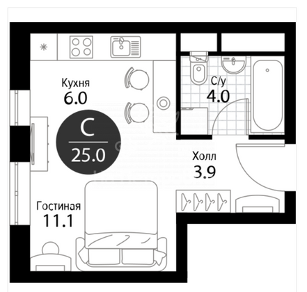 Продажа 1-комнатной квартиры 25 м², 14/22 этаж