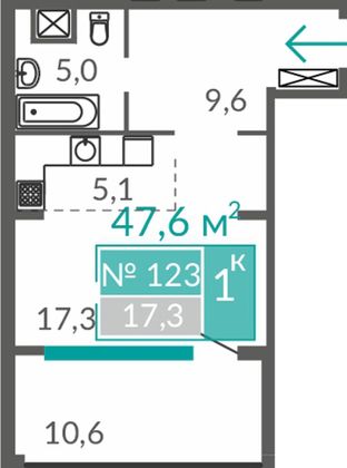 47,6 м², студия, 7/10 этаж