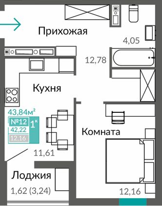 42,2 м², 1-комн. квартира, 2/9 этаж