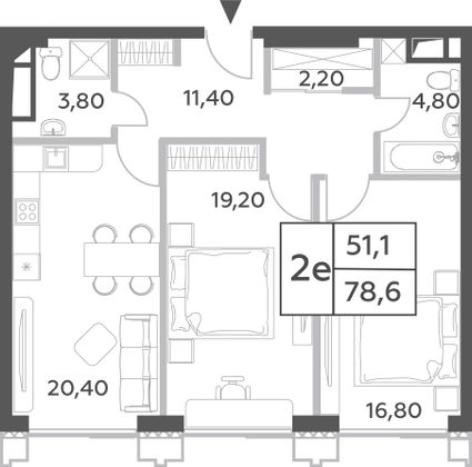 78,6 м², 3-комн. квартира, 44/52 этаж