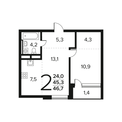 Продажа 2-комнатной квартиры 46,7 м², 8/12 этаж