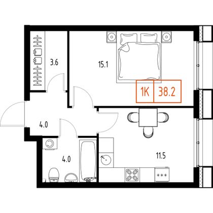 Продажа 1-комнатной квартиры 38,2 м², 3/9 этаж