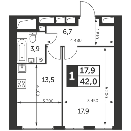 42 м², 1-комн. квартира, 44/47 этаж