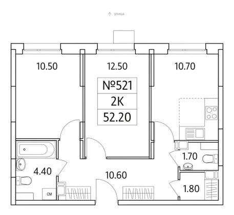 Продажа 2-комнатной квартиры 52,2 м², 5/25 этаж
