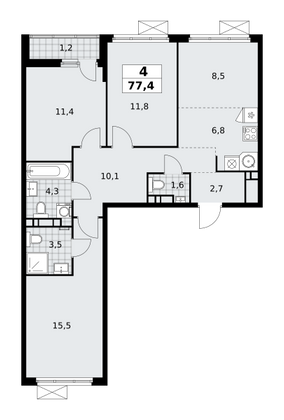 77,4 м², 4-комн. квартира, 10/12 этаж