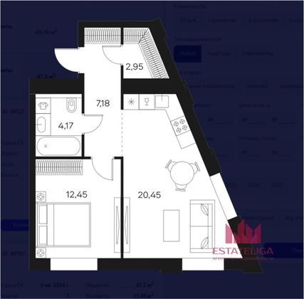 Продажа 1-комнатной квартиры 47 м², 7/20 этаж