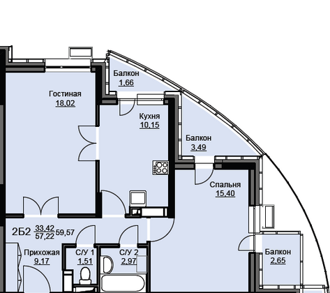 Продажа 2-комнатной квартиры 59,6 м², 8/17 этаж