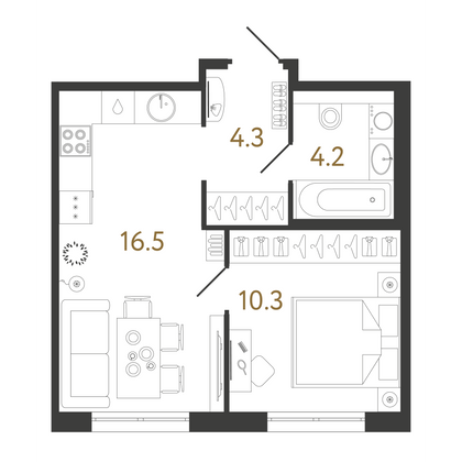 35,3 м², 1-комн. квартира, 2/16 этаж