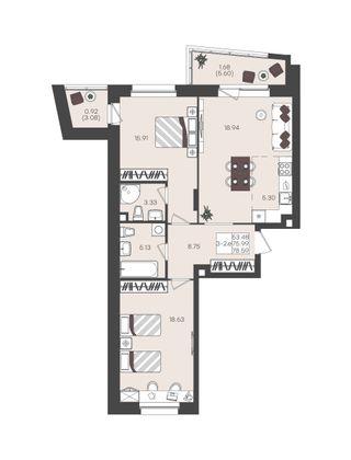 Продажа 3-комнатной квартиры 78,6 м², 10/22 этаж