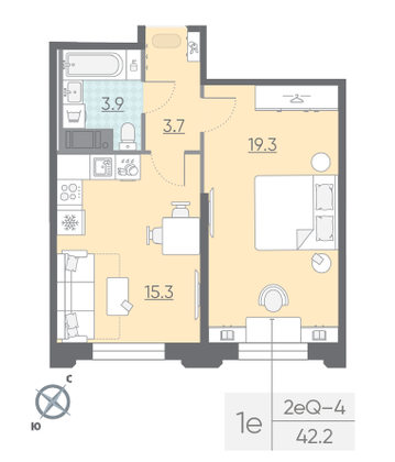 Продажа 1-комнатной квартиры 42,2 м², 3/23 этаж