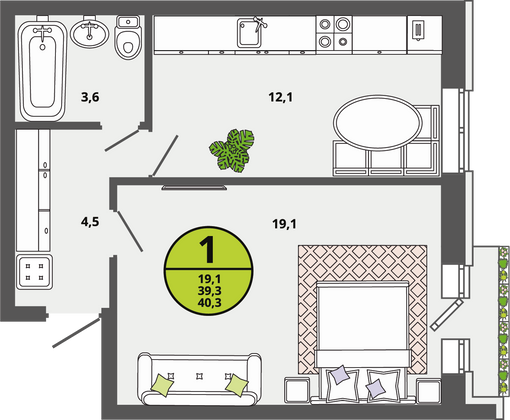 Продажа 1-комнатной квартиры 39,3 м², 2/3 этаж