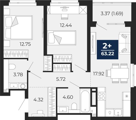 63,2 м², 2-комн. квартира, 19/22 этаж