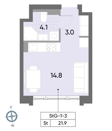 Продажа квартиры-студии 21,9 м², 3/52 этаж