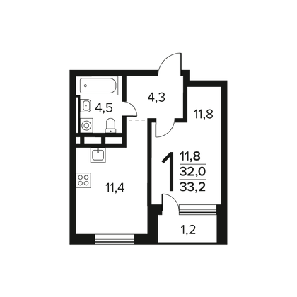 33,2 м², 1-комн. квартира, 3/11 этаж