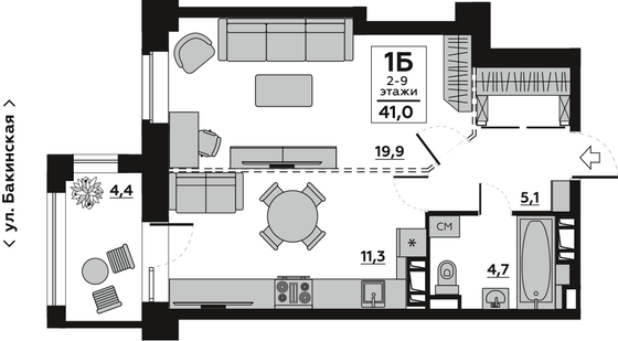 43,4 м², 1-комн. квартира, 2/18 этаж