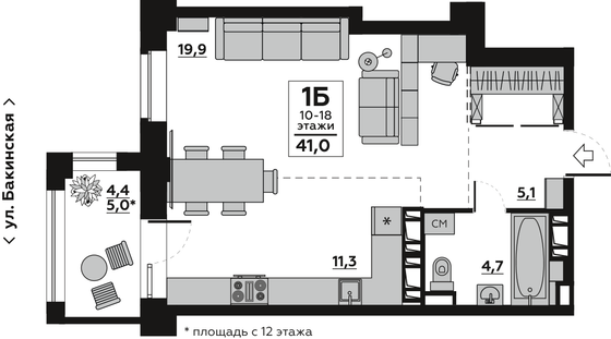 Продажа 1-комнатной квартиры 43,4 м², 2/18 этаж