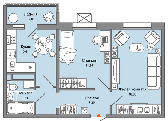 51 м², 2-комн. квартира, 6/6 этаж