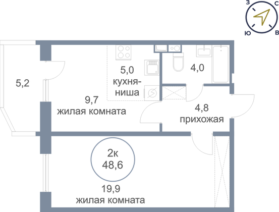 48,6 м², 2-комн. квартира, 4/4 этаж